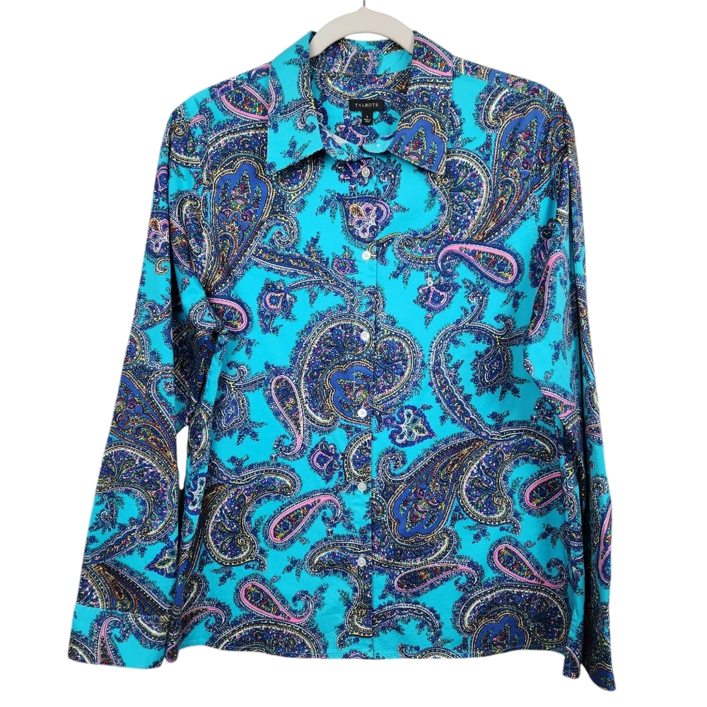 Talbots Teal Blue Paisley Button Down Long Sleeve Shirt Women's Size Large